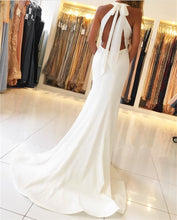 Load image into Gallery viewer, Ivory Satin Halter Mermaid Backless Evening Gowns Open Back Prom Dress