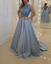 Load image into Gallery viewer, Elegant Lace High Neck Long Satin Prom Dresses