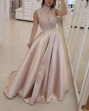 Load image into Gallery viewer, Elegant Lace High Neck Long Satin Prom Dresses