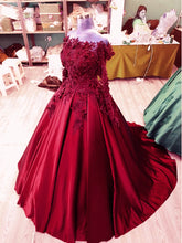 Load image into Gallery viewer, 3D Lace Flower Long Sleeves Satin Ballgowns Prom Dresses Off The Shoulder