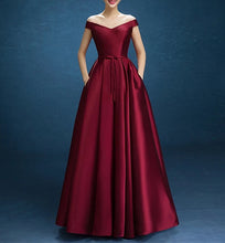 Load image into Gallery viewer, V Neck Off The Shoulder Floor Length Satin Bridesmaid Dresses