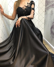 Load image into Gallery viewer, Lace Long Sleeves Satin Prom Evening Dresses One Shoulder
