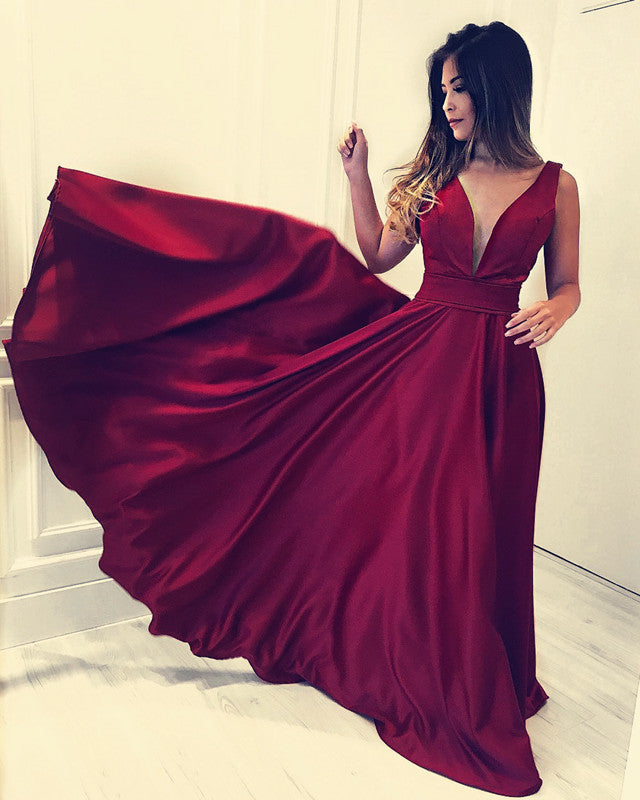 burgundy high neck bridesmaid dresses Plunge V-neck Long Satin Bridesmaid Dresses Floor Length Evening Gowns