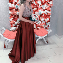 Load image into Gallery viewer, Luxurious Sequins Beaded V Neck Floor Length Satin Prom Dresses