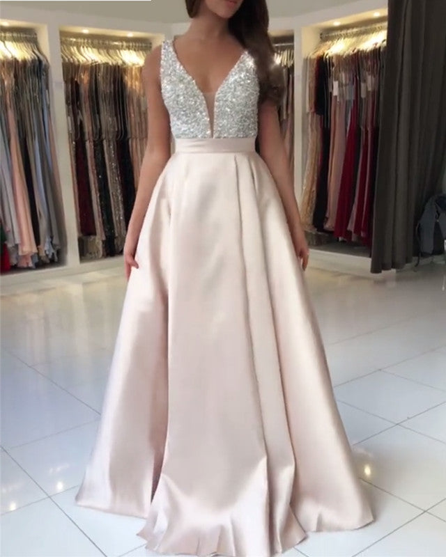 Luxury Sequins Beaded V-Neck Long Satin Prom Dresses Open Back Evening Gowns