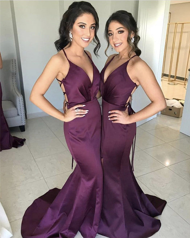 purple satin mermaid dress Sexy V-Neck Long Satin Mermaid Split Bridesmaid Dresses Open Back