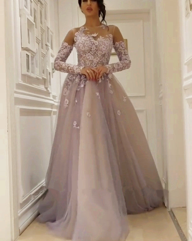 Illusion Neckline Long Sleeves Tulle Evening Dresses Lace Appliques Illusion Neckline Long Sleeves Tulle Evening Dresses Lace Appliques