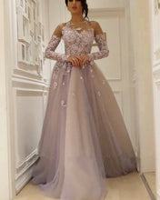 Load image into Gallery viewer, Illusion Neckline Long Sleeves Tulle Evening Dresses Lace Appliques-alinanova