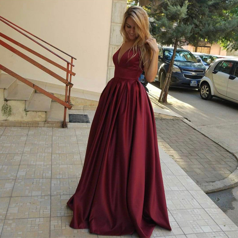 Burgundy Satin V Neck Long Evening Gowns For Wedding Party Burgundy Satin V Neck Long Evening Gowns For Wedding Party