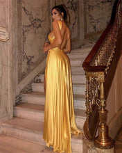 Load image into Gallery viewer, Long Satin Halter Prom Dresses Backless Evening Gowns