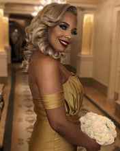 Load image into Gallery viewer, Long Gold Satin Off Shoulder Mermaid Bridesmaid Dresses