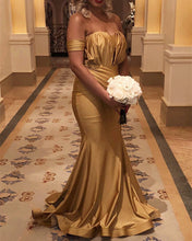 Load image into Gallery viewer, Long Gold Satin Off Shoulder Mermaid Bridesmaid Dresses-alinanova