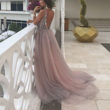 Load image into Gallery viewer, Peach And Grey Tulle V Neck Prom Long Dresses With Sequins Beaded