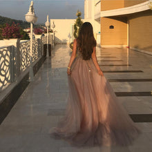 Load image into Gallery viewer, Peach And Grey Tulle V Neck Prom Long Dresses With Sequins Beaded