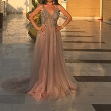 Load image into Gallery viewer, Peach And Grey Tulle V Neck Prom Long Dresses With Sequins Beaded