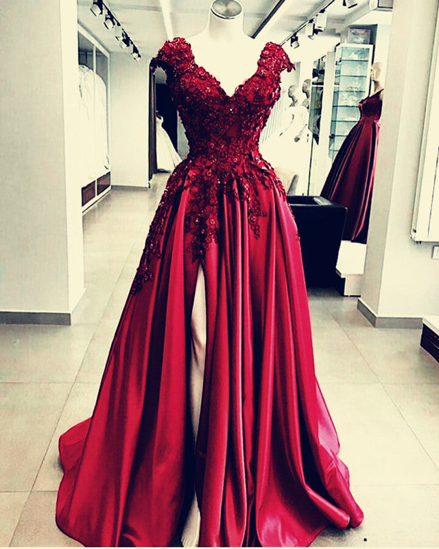 Lace Flowers Beaded Cap Sleeves V-neck Prom Dresses Split Evening Gowns Lace Flowers Beaded Cap Sleeves V-neck Prom Dresses Split Evening Gowns