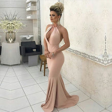 Load image into Gallery viewer, Sexy Halter Long Jersey Nude Pink Prom Dresses Backless Evening Gowns-alinanova