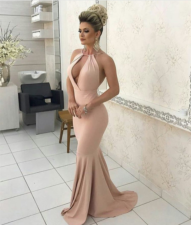 Sexy Halter Long Jersey Nude Pink Prom Dresses Backless Evening Gowns Sexy Halter Long Jersey Nude Pink Prom Dresses Backless Evening Gowns
