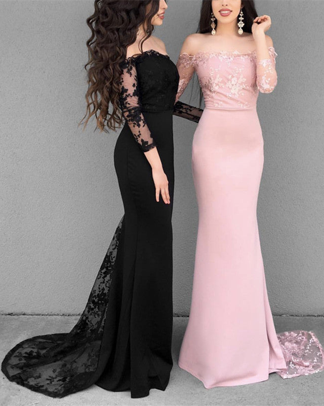 SCARLETT Mermaid Long Cap Sleeves Off-shoulder Applique Prom Dresses