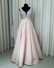 Load image into Gallery viewer, Sequins V-neck Floor Length Satin Prom Dresses-alinanova