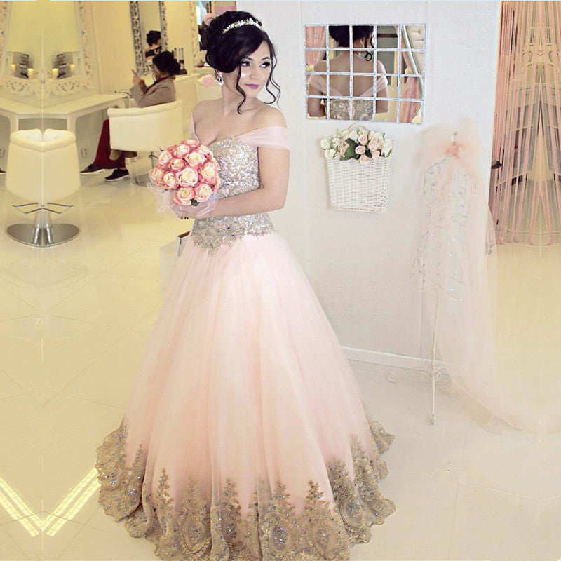 Off-The-Shoulder Pink Tulle Quinceanera Dresses Gold Lace Appliques