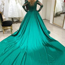 Load image into Gallery viewer, Green Lace Long Sleeves Satin Prom Dresses Ball Gowns
