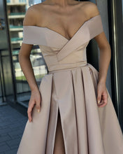 Load image into Gallery viewer, Long Satin V-neck Prom Dresses Leg Slit Evening Dress Off Shoulder