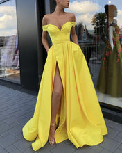 Load image into Gallery viewer, Yellow-Evening-Dresses-Off-Shoulder-Long-Satin-Prom-Gowns-2018