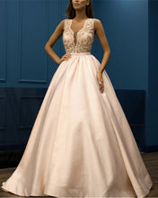 Load image into Gallery viewer, Pale-Pink-Prom-Dresses-Long-Satin-Lace-Embroidey-Evening-Gowns