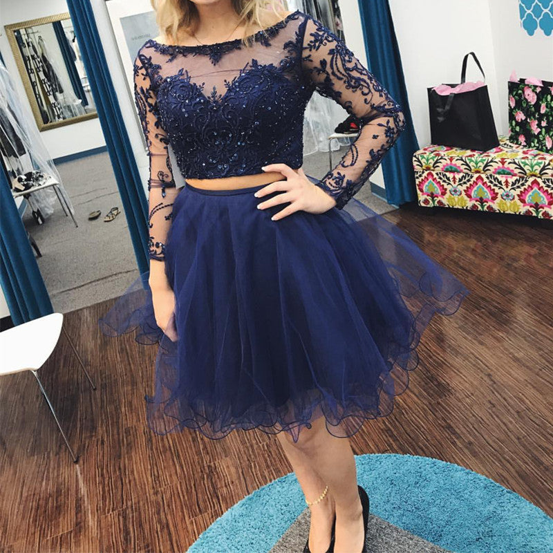navy blue long sleeve homecoming dress Ball Gown Long Sleeves Off Shoulder Beaded Navy Blue Prom Dress US18 / As Picture
