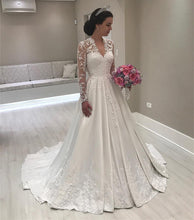 Load image into Gallery viewer, Vintage Lace Long Sleeves V Neck Satin Wedding Dresses Princess
