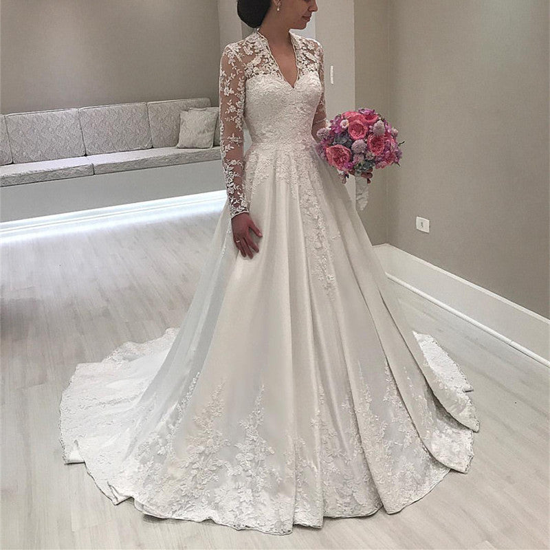 A Line V Neck Long Sleeves Wedding Dresses For Bride 2018 alinanova A Line V Neck Long Sleeves Wedding Dresses For Bride 2018 alinanova