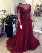 Load image into Gallery viewer, Sheer Long Sleeves Tulle Evening Dresses Leg Split Prom Gowns