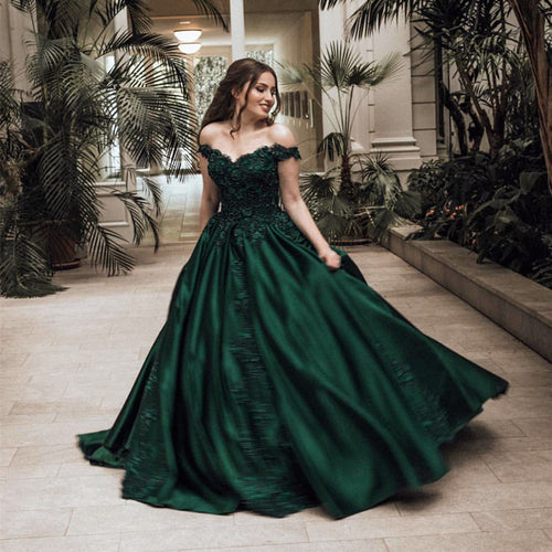 Gorgeous Lace Flower Beaded V-neck Emerald Green Prom Dress Ball Gowns-alinanova