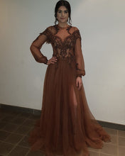 Load image into Gallery viewer, Sheer Long Sleeves Tulle Evening Dresses Leg Split Prom Gowns