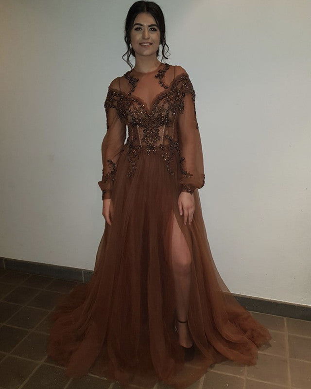 Sheer Long Sleeves Tulle Evening Dresses Leg Split Prom Gowns Sheer Long Sleeves Tulle Evening Dresses Leg Split Prom Gowns