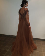 Load image into Gallery viewer, Sheer Long Sleeves Tulle Evening Dresses Leg Split Prom Gowns
