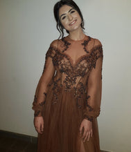 Load image into Gallery viewer, Sheer Long Sleeves Tulle Evening Dresses Leg Split Prom Gowns