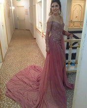 Load image into Gallery viewer, Long Sleeves V-neck Lace Prom Dresses Off Shoulder Evening Gowns-alinanova