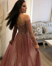 Load image into Gallery viewer, Long Sleeves V-neck Lace Prom Dresses Off Shoulder Evening Gowns