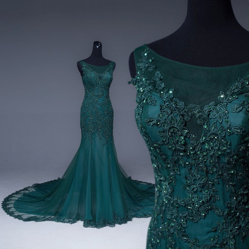 Emerald Green Evening Dresses Mermaid Lace Appliques Prom Gowns 2018 –  alinanova