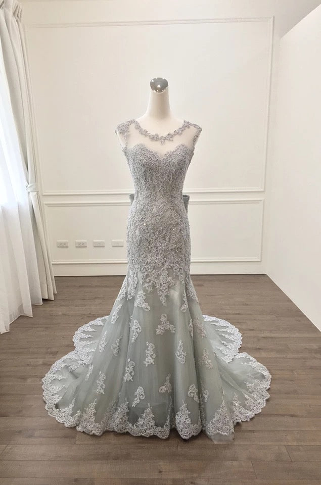 knee length dresses for ladies Off the Shoulder Light Blue Mermaid Lace Prom Dresses, Off Shoulder Me –  jbydress main image 0