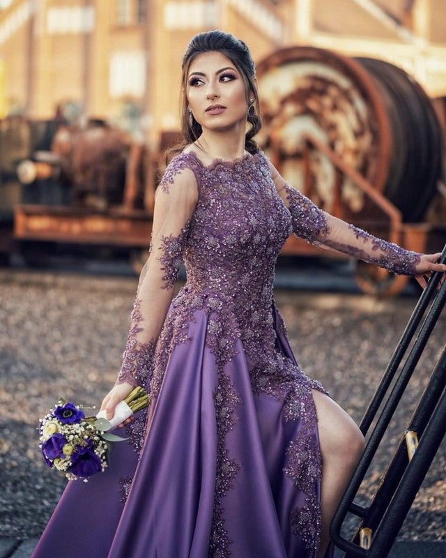 Long Sleeves Prom Gowns Lace Beaded Satin Split Engagement Dresses –  alinanova