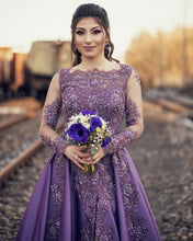 Load image into Gallery viewer, Lace Beaded Long Sleeves Evening Gown Split Satin Prom Dresses