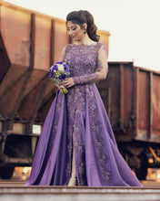 Load image into Gallery viewer, Lace Beaded Long Sleeves Evening Gown Split Satin Prom Dresses
