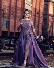 Load image into Gallery viewer, Lace Beaded Long Sleeves Evening Gown Split Satin Prom Dresses