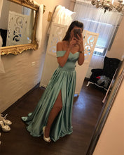 Load image into Gallery viewer, V Neck Leg Slit Satin Long Bridesmaid Dresses Off The Shoulder