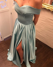 Load image into Gallery viewer, V Neck Leg Slit Satin Long Bridesmaid Dresses Off The Shoulder