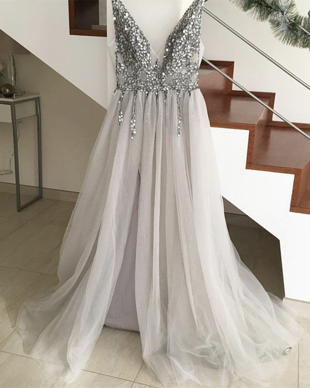 Sparkly Crystal Beaded V-neck Tulle Split Evening Dresses Sparkly Crystal Beaded V-neck Tulle Split Evening Dresses