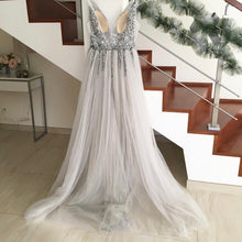 Load image into Gallery viewer, Sparkly Crystal Beaded V-neck Tulle Split Evening Dresses